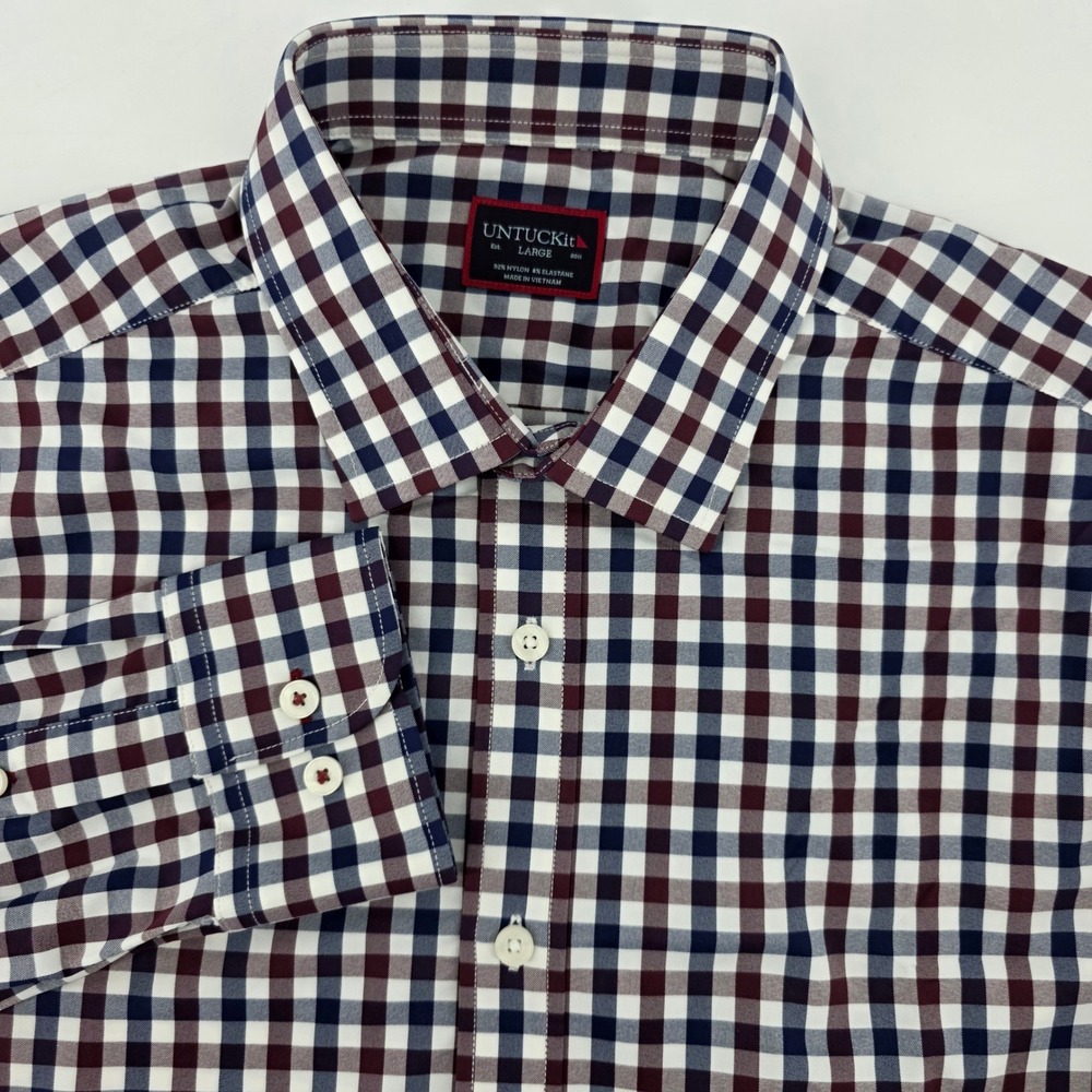UNTUCKit Mens Large Performance Gingham Shirt Navy Button Up Stretch Long Sleeve